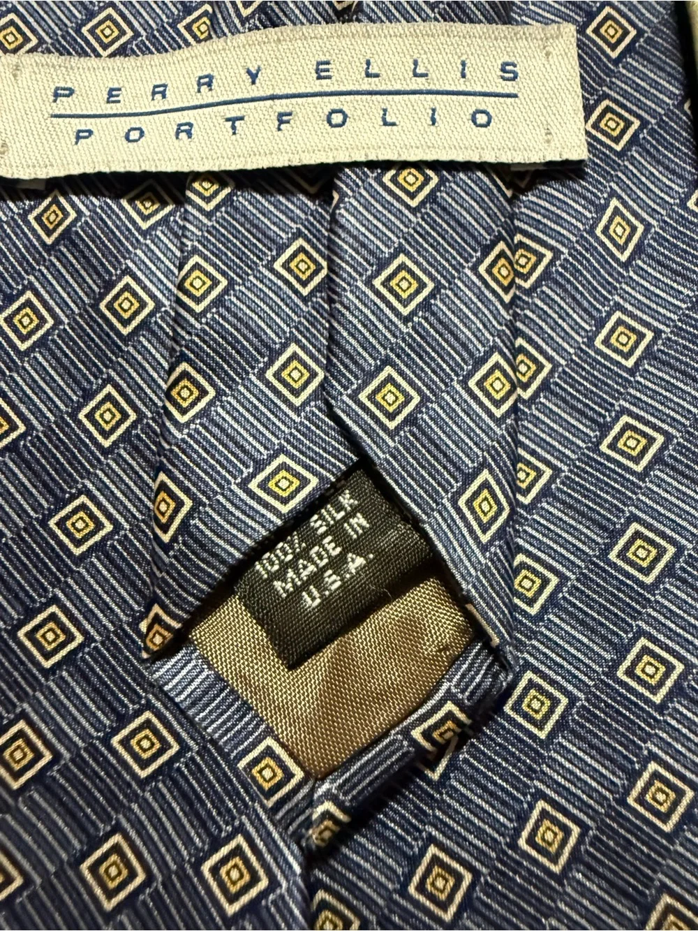 Perry Ellis Blue Geometric & Light Green Plaid Silk Ties